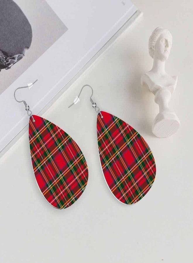 TKS MITLAN Tartan Plaid Teardrop Double-sided Leather Earrings Traditional Red Black Green Scottish Christmas New Year Decor for Women Fashion and Valentine Birthday Party Gift - Image 5